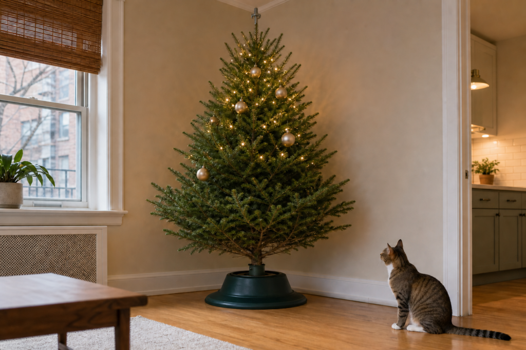 Cat proof Christmas tree with a stable base and undecorated lower branches
