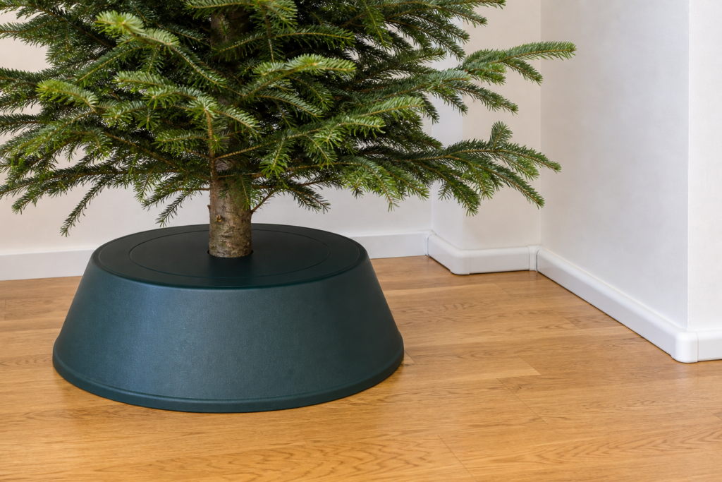 Covered Christmas tree water reservoir and protected electrical cord