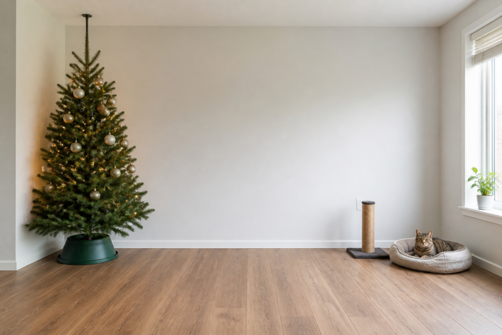 Safe apartment Christmas tree layout separated from a cat climbing area