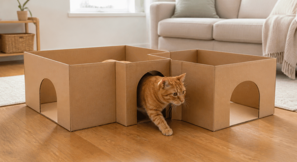 safe floor-level cardboard maze for DIY cat enrichment in an apartment