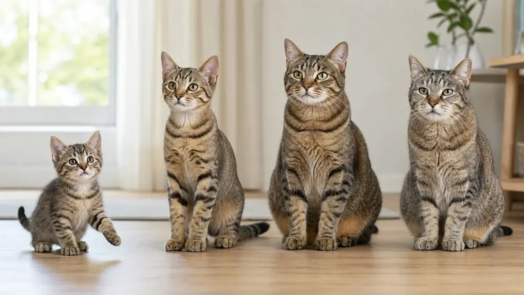 Kitten, young adult, mature adult, and senior cat life stages