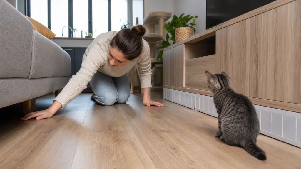 Kitten-eye-level apartment safety inspection for cords and hiding gaps