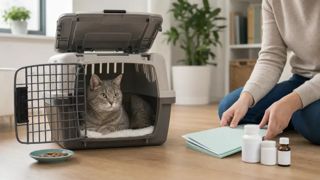 Indoor cat resting in an open carrier before a veterinary appointment
