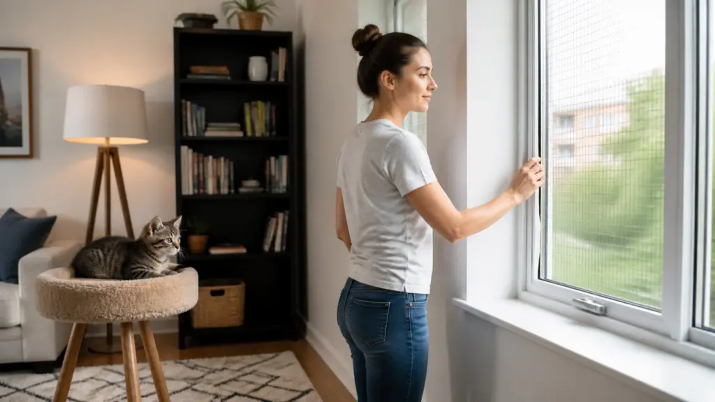 Secure apartment window and stable furniture for kitten safety