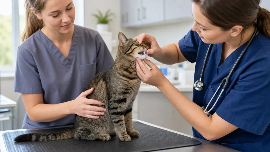 Veterinarian performing a preliminary dental examination on a cat
