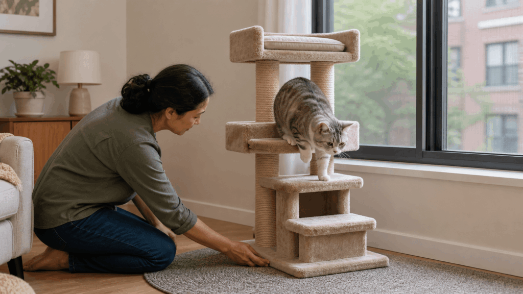 Accessible freestanding cat window route with broad nonslip steps