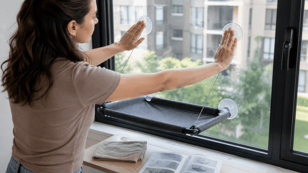 Checking a suction cat window perch installation on clean glass