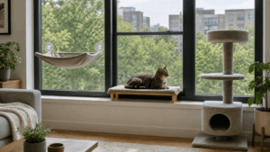 Cat window perch apartment with three no-drill setup options