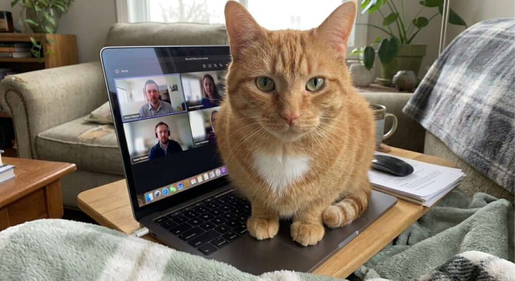 Oliver the orange tabby sitting on a laptop needing the best interactive cat toys for solo play