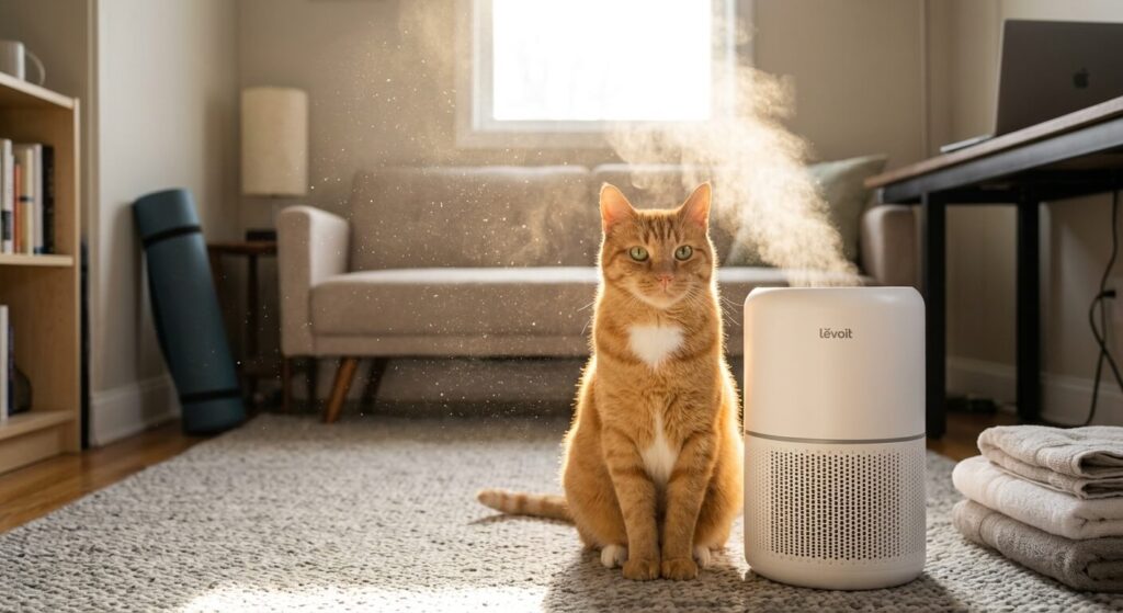Oliver the orange tabby sitting next to the best air purifiers for cat hair and odor in a studio apartment