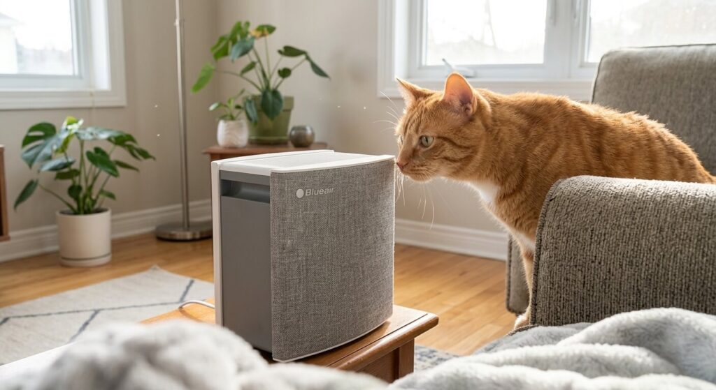 Modern sleek design of the best air purifiers for cat hair and odor matching apartment decor