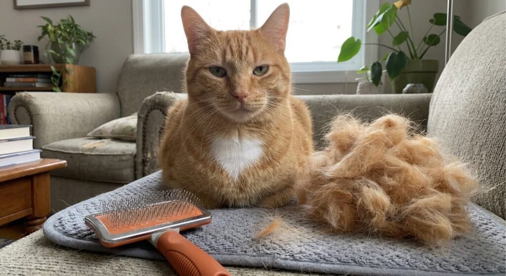 Oliver the orange tabby sitting next to fur collected using the best cat brushes for indoor cats