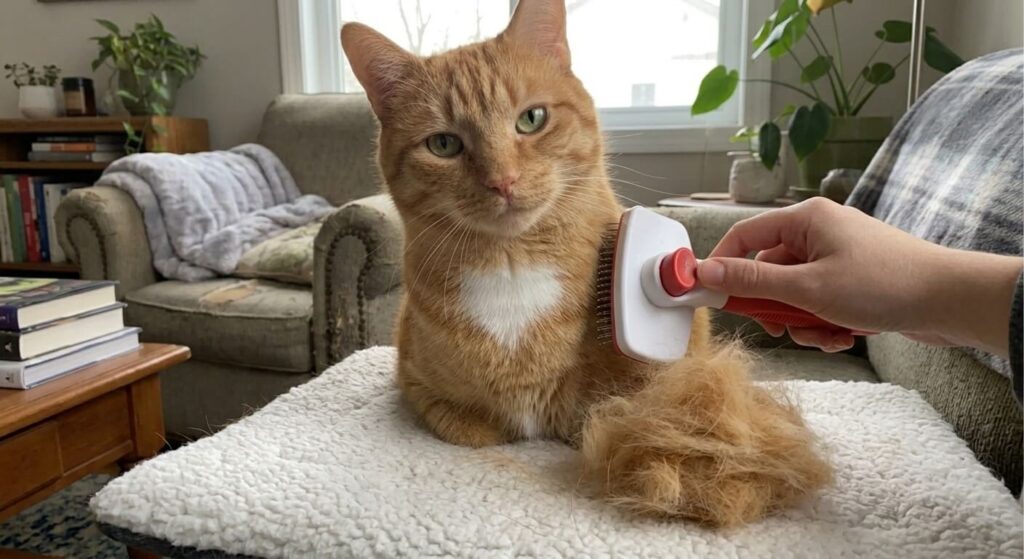 Rounded safety tips on one of the best cat brushes for indoor cats to prevent skin irritation