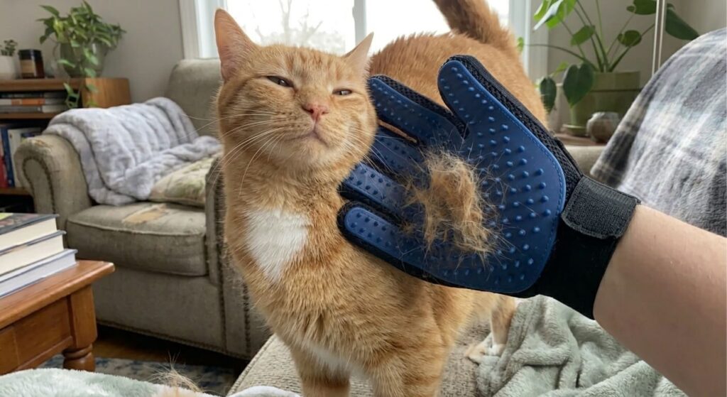 Using a gentle grooming glove, among the best cat brushes for indoor cats, on an orange tabby