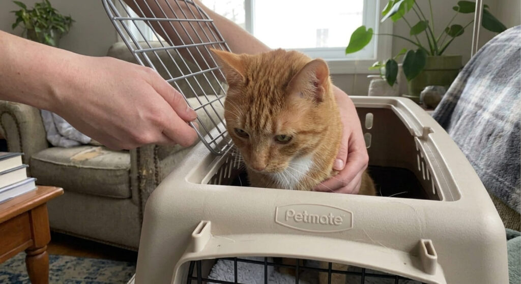 Desensitizing a cat to a carrier by making it part of the home furniture.