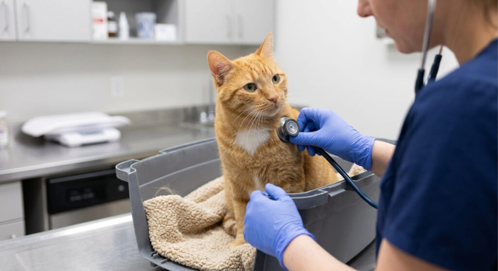 A removable top carrier being used for a stress-free vet exam, one of the best cat carriers for nervous cats.