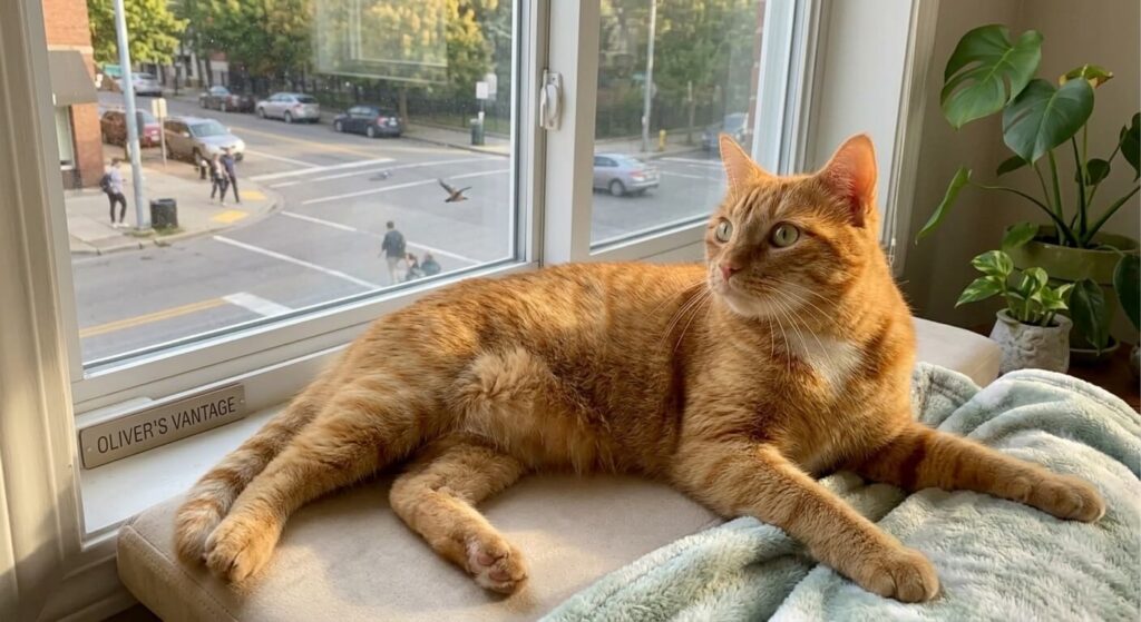 Oliver the orange tabby napping on one of the products mentioned in our best cat window perches reviews