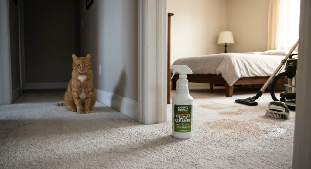 Oliver the orange tabby sitting near a treated guest bedroom doorway after using the **best enzyme cleaners for cat urine** to remove deep-set odors.