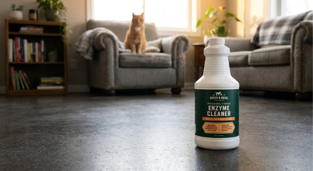 Rocco & Roxie Professional Strength, one of the **best enzyme cleaners for cat urine**, successfully removing stains and markers from a clean apartment floor.