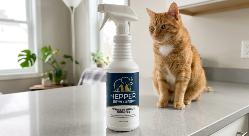 A clean and odor-free apartment counter featuring Hepper, one of the **best enzyme cleaners for cat urine**, ensuring a fresh environment for both cat and owner.