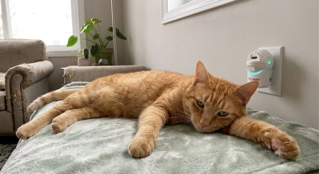 Comparing an anxious cat vs a relaxed cat using the best cat calming diffusers.