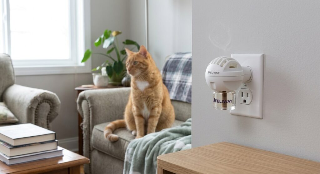 Diagram showing how pheromones from cat calming diffusers interact with the vomeronasal organ.