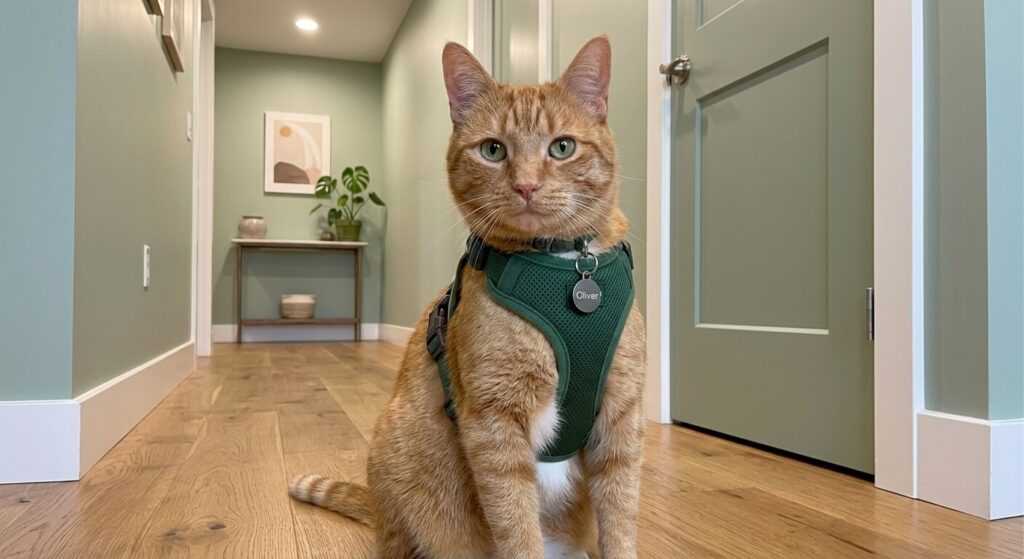 Oliver the orange tabby wearing the best cat harness and leash for indoor cats in a hallway