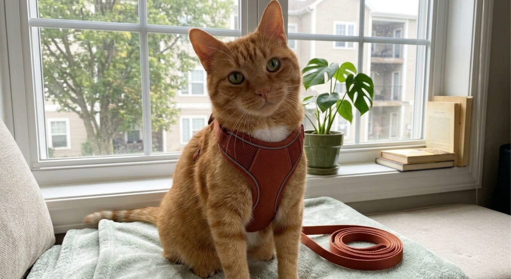 Demonstrating the two-finger rule fitting for the best cat harness and leash for indoor cats