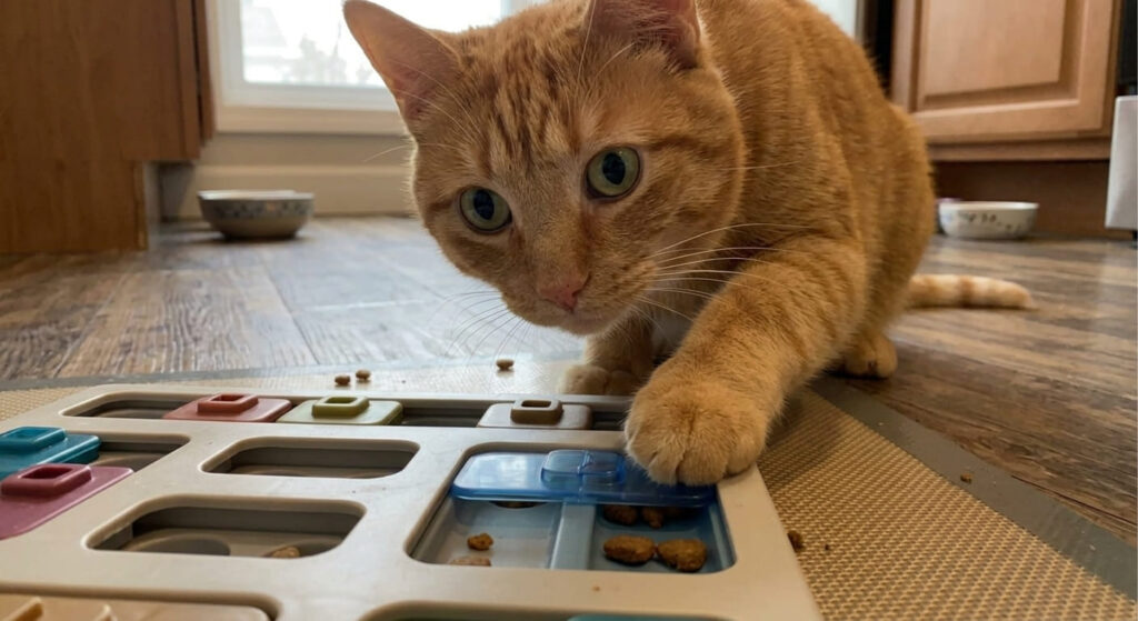 Oliver the orange tabby demonstrating how to use the best cat puzzle feeders for mental stimulation