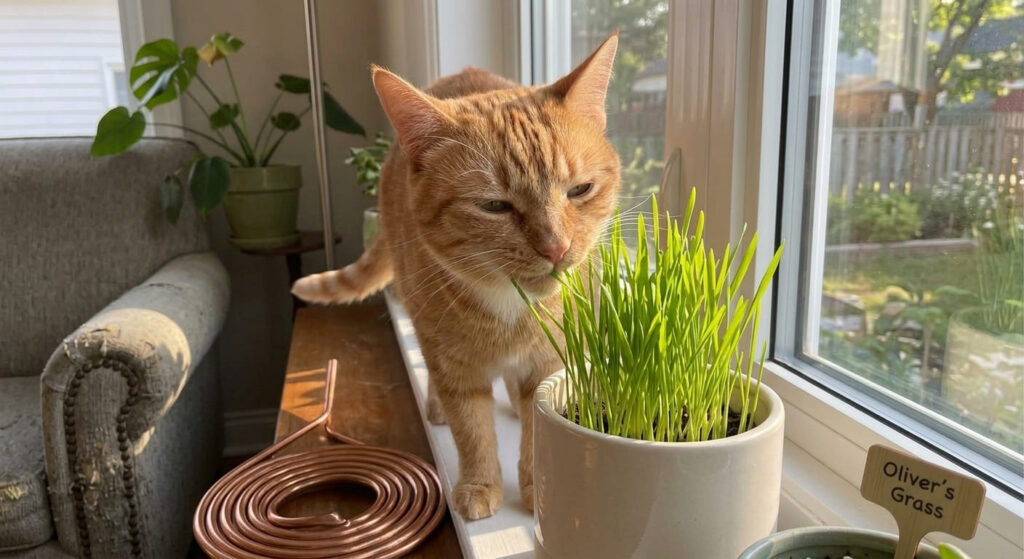 Oliver the orange tabby nibbling on fresh wheatgrass from the best cat grass kit
