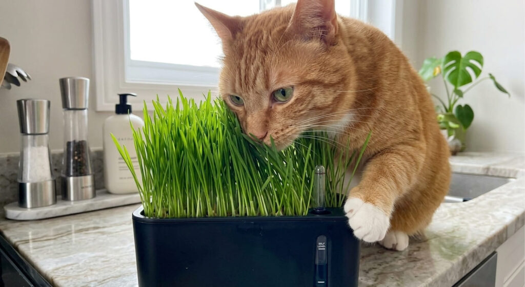 Detailed view of a soil-free best cat grass kit showing the clean root system