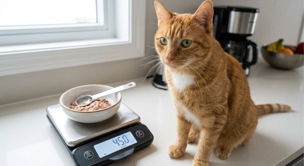 Measuring portions of the best wet cat food for weight loss on a kitchen scale