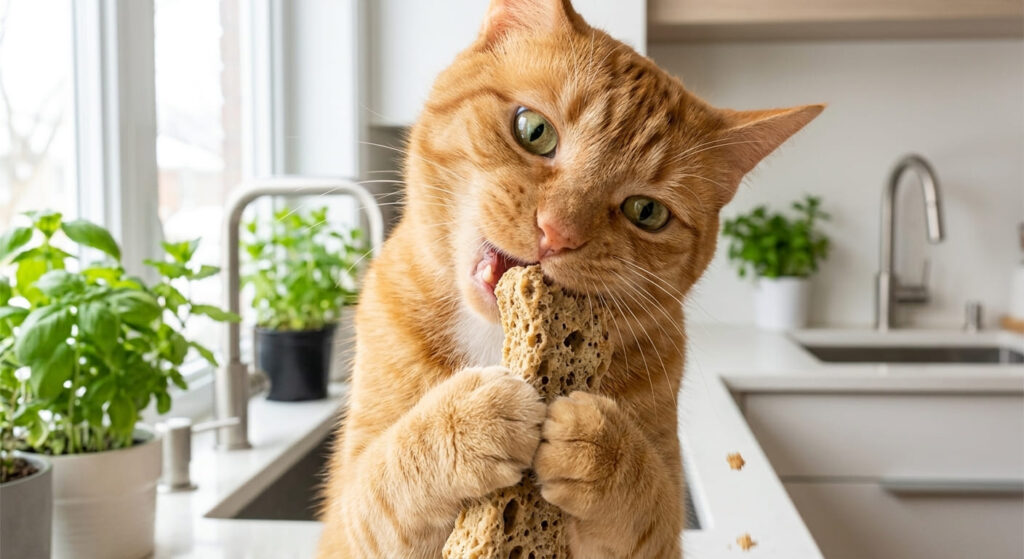 Oliver the orange tabby enjoying the best cat dental treats for plaque reduction