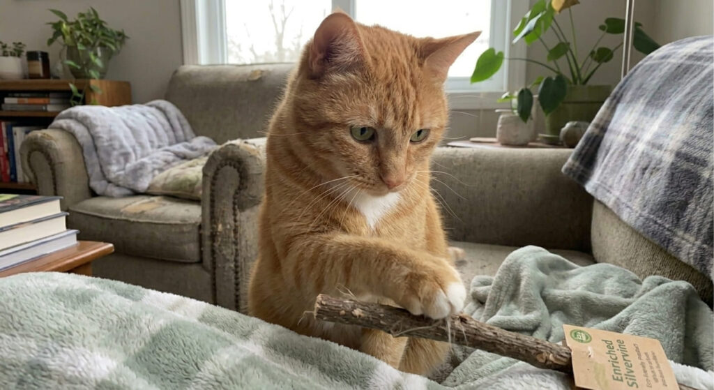 Oliver investigating silvervine sticks as a supplement to the best cat dental treats