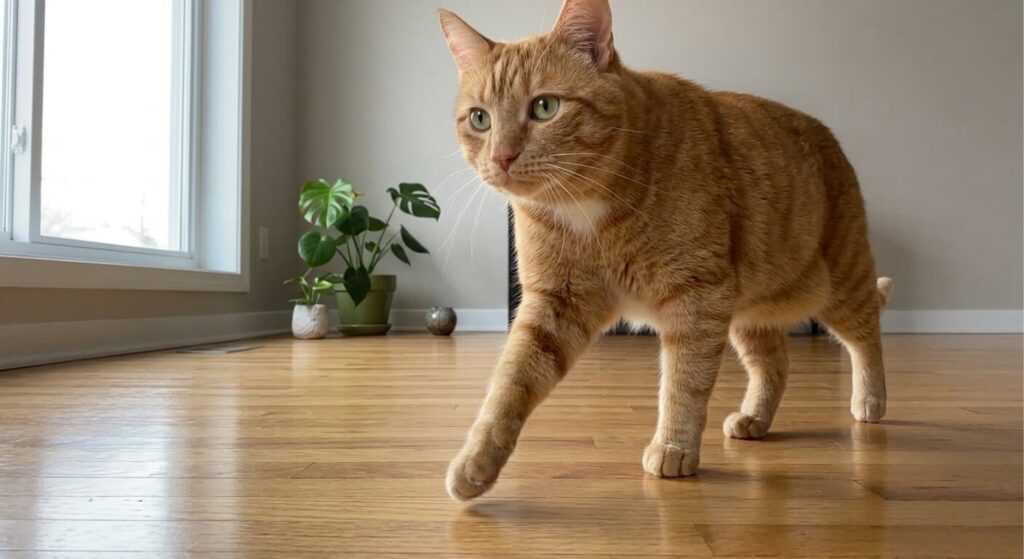 Oliver the orange tabby walking safely on a floor treated with a cat safe floor cleaner