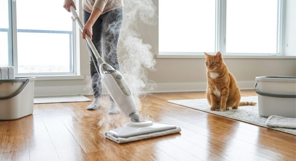Using a steam mop as a chemical-free cat safe floor cleaner alternative in an apartment