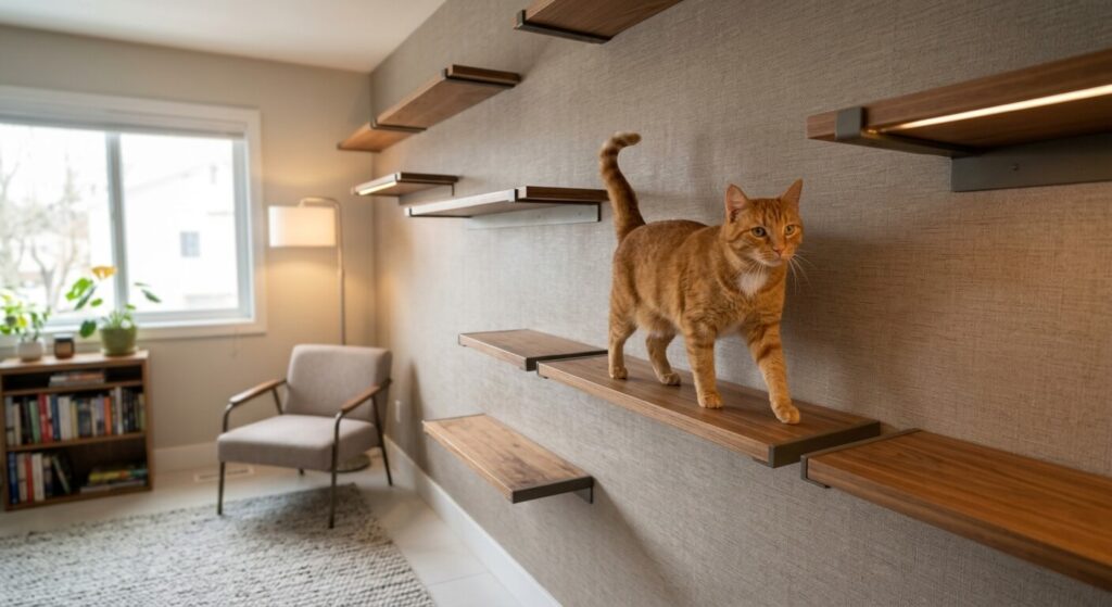 Oliver the orange tabby patrolling his kingdom on the best cat wall shelves