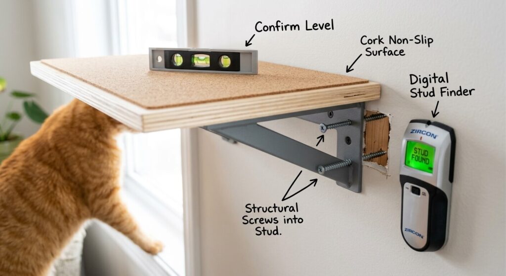 Detailed view of mounting the best cat wall shelves into wall studs for safety

