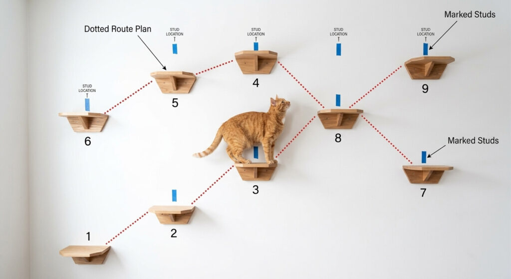 A planned cat superhighway layout using the best cat wall shelves in a small apartment