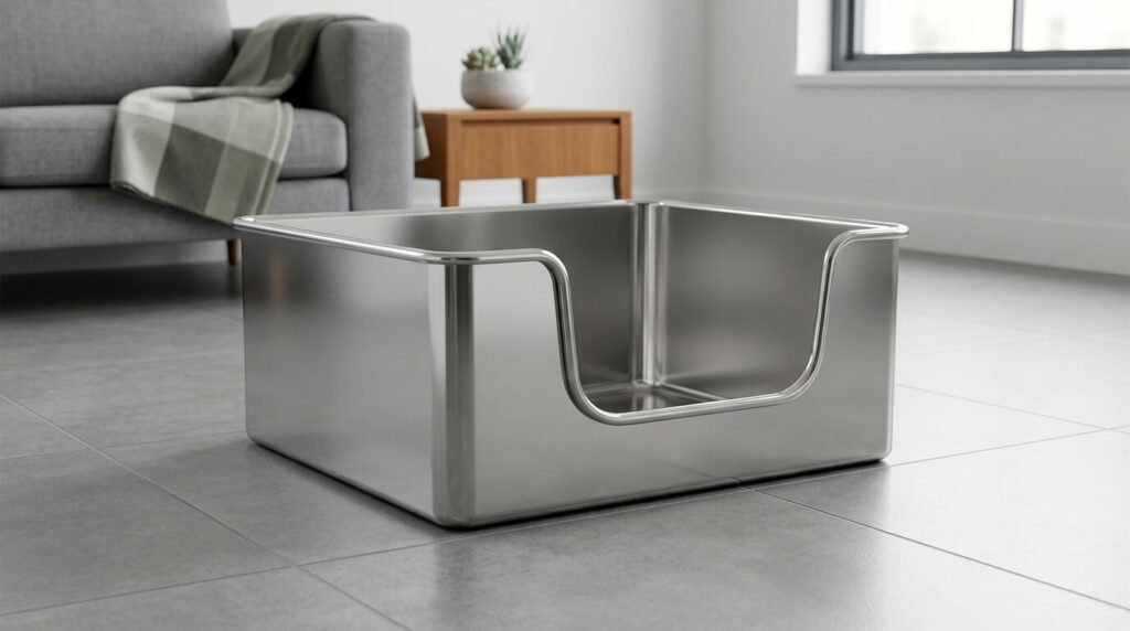 Stainless steel best high sided litter box featuring a low entry and high walls.