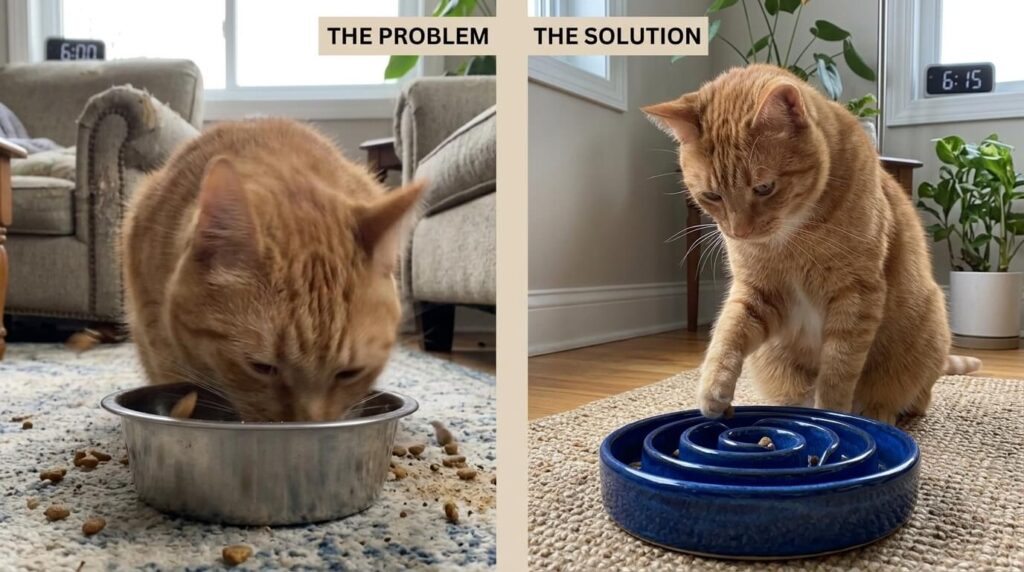 Comparing a standard bowl vs the best slow feeder cat bowl for preventing fast eating.
