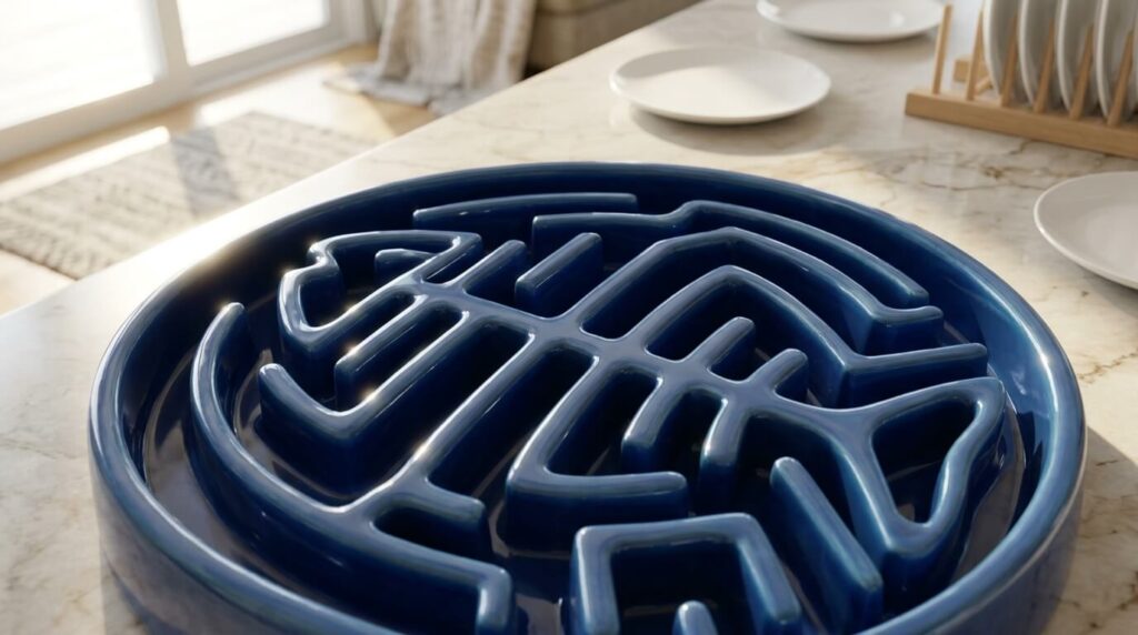 A high-quality ceramic best slow feeder cat bowl showing a complex maze design.