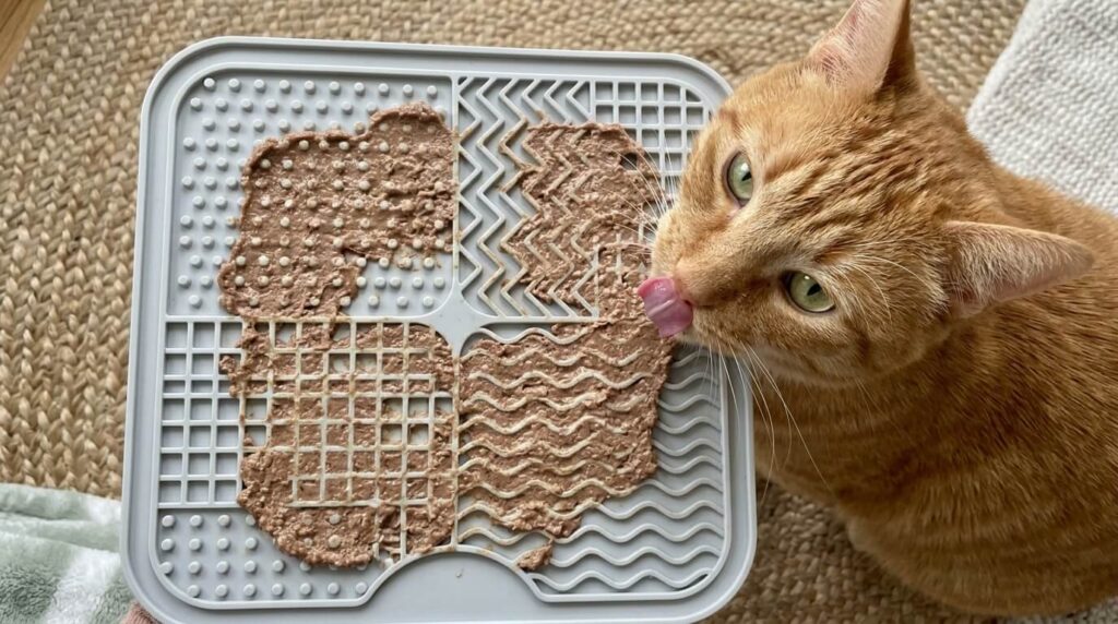 Using a silicone textured mat as a slow feeder for wet cat food.