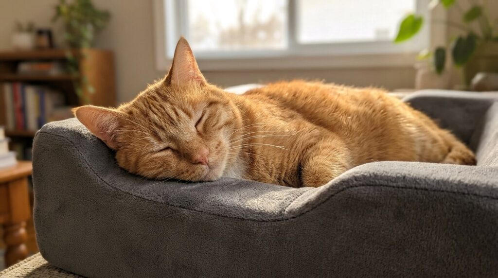 An older cat sleeping comfortably on the best orthopedic cat bed for joint relief.