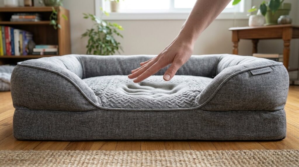 Low-profile entry and memory foam texture of a high-quality orthopedic cat bed.