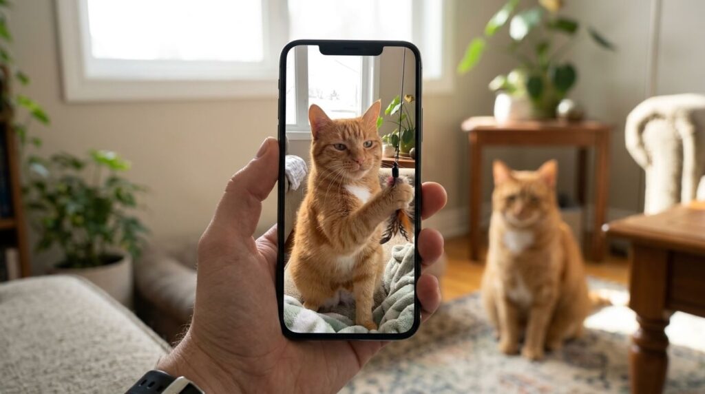Monitoring an orange tabby using the best pet camera for cats from a smartphone app.