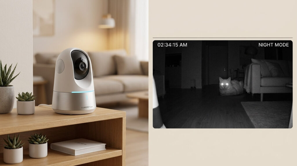 Night vision and motion tracking features on a top-rated pet camera for cats.
