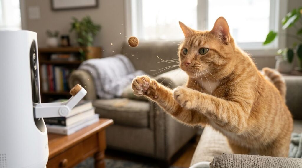 Interactive treat-tossing feature on the best pet camera for cats.