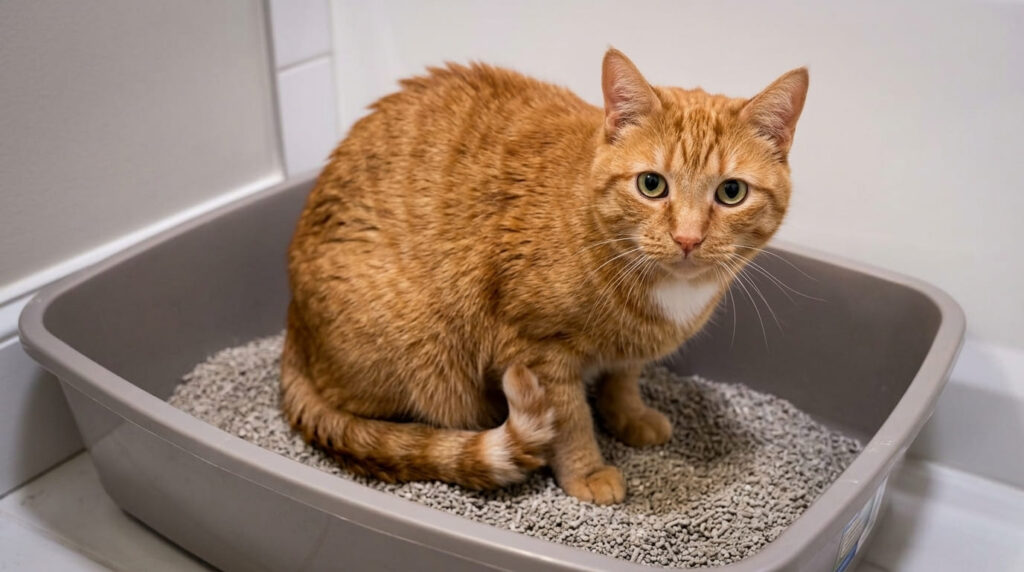 Recognizing the signs of poor indoor cat urinary health and straining in the litter box.