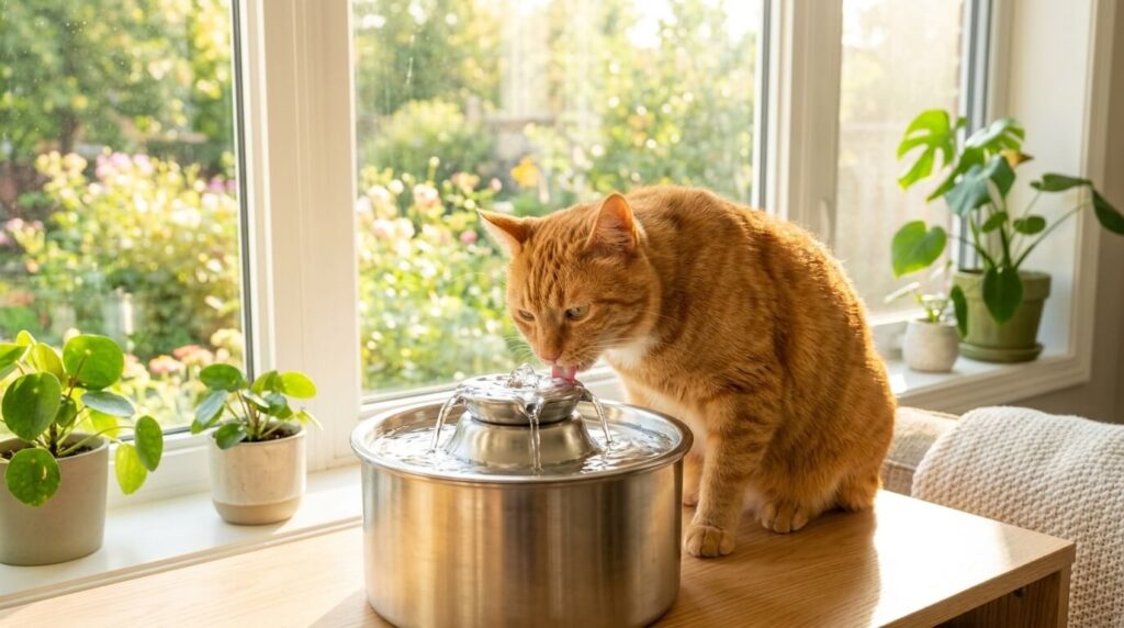 Using a water fountain to maintain optimal indoor cat urinary health.